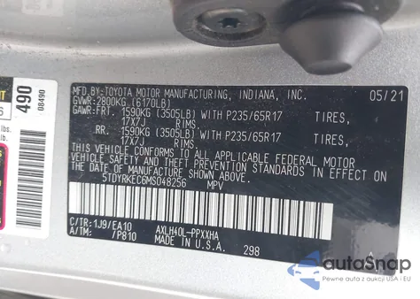 2021 Toyota Sienna Xle z USA, uszkodzony, nr VIN 5TDYRKEC6MS048256